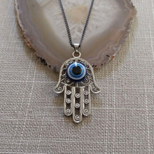 Load image into Gallery viewer, Hamsa Evil Eye Necklace on Gunmetal Thin Curb Chain - Yoga Jewelry