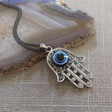 Load image into Gallery viewer, Hamsa Evil Eye Necklace on Gunmetal Thin Curb Chain - Yoga Jewelry