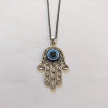 Load image into Gallery viewer, Hamsa Evil Eye Necklace on Gunmetal Thin Curb Chain - Yoga Jewelry