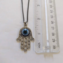 Load image into Gallery viewer, Hamsa Evil Eye Necklace on Gunmetal Thin Curb Chain - Yoga Jewelry