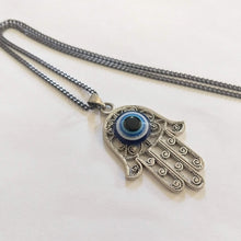 Load image into Gallery viewer, Hamsa Evil Eye Necklace on Gunmetal Thin Curb Chain - Yoga Jewelry