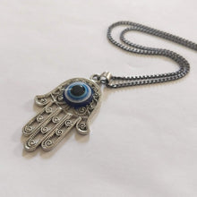 Load image into Gallery viewer, Hamsa Evil Eye Necklace on Gunmetal Thin Curb Chain - Yoga Jewelry