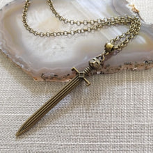 Load image into Gallery viewer, Cat Head Sword Necklace on Bronze Cable Chain, Mens Jewelry