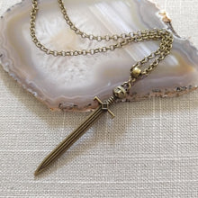Load image into Gallery viewer, Cat Head Sword Necklace on Bronze Cable Chain, Mens Jewelry