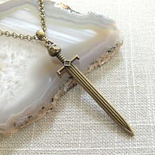 Load image into Gallery viewer, Cat Head Sword Necklace on Bronze Cable Chain, Mens Jewelry
