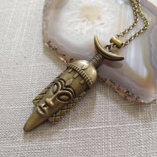 Load image into Gallery viewer, Tribal Mask Necklace, Bronze Long Mask Charm on Rolo Chain, Mens Jewelry