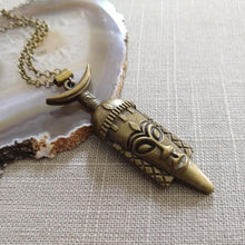 Load image into Gallery viewer, Tribal Mask Necklace, Bronze Long Mask Charm on Rolo Chain, Mens Jewelry