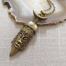 Load image into Gallery viewer, Tribal Mask Necklace, Bronze Long Mask Charm on Rolo Chain, Mens Jewelry