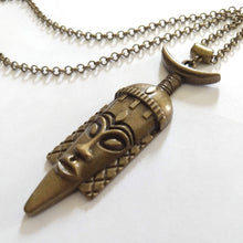 Load image into Gallery viewer, Tribal Mask Necklace, Bronze Long Mask Charm on Rolo Chain, Mens Jewelry