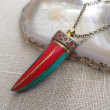 Load image into Gallery viewer, Coral and Turquoise Horn Necklace on Bronze Rolo Chain