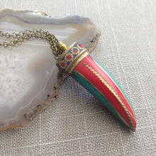 Load image into Gallery viewer, Coral and Turquoise Horn Necklace on Bronze Rolo Chain