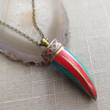 Load image into Gallery viewer, Coral and Turquoise Horn Necklace on Bronze Rolo Chain