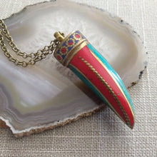 Load image into Gallery viewer, Coral and Turquoise Horn Necklace on Bronze Rolo Chain