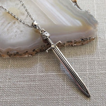 Load image into Gallery viewer, Cat Head Sword Necklace on Silver Cable Chain, Mens Jewelry