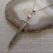 Load image into Gallery viewer, Cat Head Sword Necklace on Silver Cable Chain, Mens Jewelry