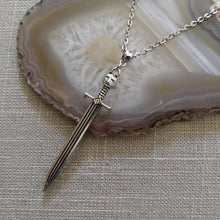 Load image into Gallery viewer, Cat Head Sword Necklace on Silver Cable Chain, Mens Jewelry