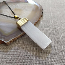 Load image into Gallery viewer, Selenite Necklace - Gold Plated Selenite Quartz Pendant on Gunmetal Thin Curb Chain
