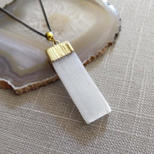 Load image into Gallery viewer, Selenite Necklace - Gold Plated Selenite Quartz Pendant on Gunmetal Thin Curb Chain