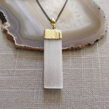 Load image into Gallery viewer, Selenite Necklace - Gold Plated Selenite Quartz Pendant on Gunmetal Thin Curb Chain
