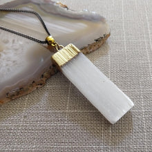 Load image into Gallery viewer, Selenite Necklace - Gold Plated Selenite Quartz Pendant on Gunmetal Thin Curb Chain