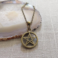 Load image into Gallery viewer, Pentagram Wiccan Necklace on Bronze Rolo Chain