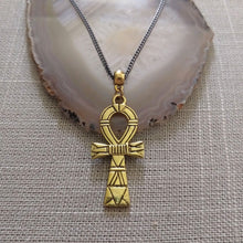 Load image into Gallery viewer, Ankh Egyptian Cross Necklace on Gunmetal Curb Chain