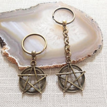 Load image into Gallery viewer, Bronze Pentagram Keychain, Witchcraft Backpack or Purse Charm, Zipper Pull
