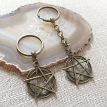 Load image into Gallery viewer, Bronze Pentagram Keychain, Witchcraft Backpack or Purse Charm, Zipper Pull