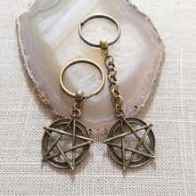 Load image into Gallery viewer, Bronze Pentagram Keychain, Witchcraft Backpack or Purse Charm, Zipper Pull