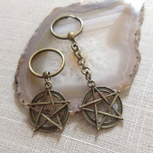 Load image into Gallery viewer, Bronze Pentagram Keychain, Witchcraft Backpack or Purse Charm, Zipper Pull