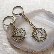 Load image into Gallery viewer, Bronze Pentagram Keychain, Witchcraft Backpack or Purse Charm, Zipper Pull