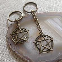 Load image into Gallery viewer, Bronze Pentagram Keychain, Witchcraft Backpack or Purse Charm, Zipper Pull