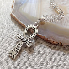 Load image into Gallery viewer, Striped Ankh Necklace on Silver Rolo Chain, Egyptian Cross Jewelry