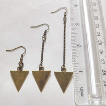 Load image into Gallery viewer, Bronze Geometric Triangle Earrings - Your Choice of Three Lengths - Long Dangle Chain Earrings
