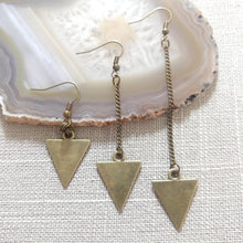 Load image into Gallery viewer, Bronze Geometric Triangle Earrings - Your Choice of Three Lengths - Long Dangle Chain Earrings