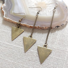 Load image into Gallery viewer, Bronze Geometric Triangle Earrings - Your Choice of Three Lengths - Long Dangle Chain Earrings