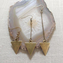 Load image into Gallery viewer, Bronze Geometric Triangle Earrings - Your Choice of Three Lengths - Long Dangle Chain Earrings