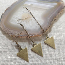 Load image into Gallery viewer, Bronze Geometric Triangle Earrings - Your Choice of Three Lengths - Long Dangle Chain Earrings