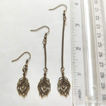 Load image into Gallery viewer, Peacock Feather Earrings - Your Choice of Three Lengths - Long Dangle Chain Earrings