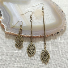 Load image into Gallery viewer, Peacock Feather Earrings - Your Choice of Three Lengths - Long Dangle Chain Earrings