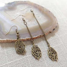 Load image into Gallery viewer, Peacock Feather Earrings - Your Choice of Three Lengths - Long Dangle Chain Earrings