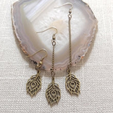 Load image into Gallery viewer, Peacock Feather Earrings - Your Choice of Three Lengths - Long Dangle Chain Earrings