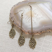 Load image into Gallery viewer, Peacock Feather Earrings - Your Choice of Three Lengths - Long Dangle Chain Earrings