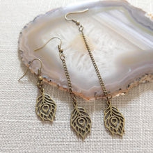 Load image into Gallery viewer, Peacock Feather Earrings - Your Choice of Three Lengths - Long Dangle Chain Earrings