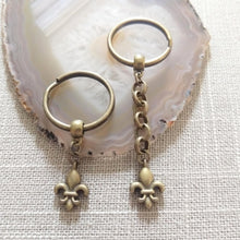 Load image into Gallery viewer, Tiny Bronze Fleur de Lis Keychain Key Ring or Zipper Pull