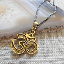 Load image into Gallery viewer, Ohm Aum Necklace - Brass Charm on Gunmetal Curb Chain - Reiki Zen Yoga Jewelry
