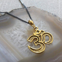 Load image into Gallery viewer, Ohm Aum Necklace - Brass Charm on Gunmetal Curb Chain - Reiki Zen Yoga Jewelry