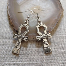 Load image into Gallery viewer, Ankh Earrings - Silver Egyptian Cross Dangle Drop Earrings