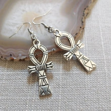 Load image into Gallery viewer, Ankh Earrings - Silver Egyptian Cross Dangle Drop Earrings
