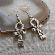 Load image into Gallery viewer, Ankh Earrings - Silver Egyptian Cross Dangle Drop Earrings